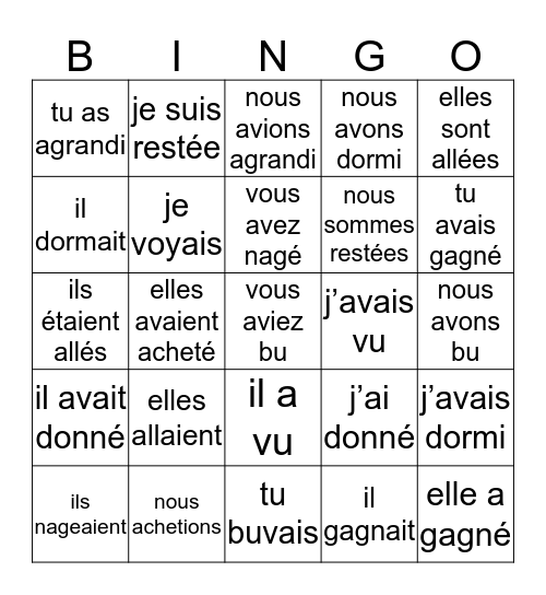 Les verbes au passé Bingo Card