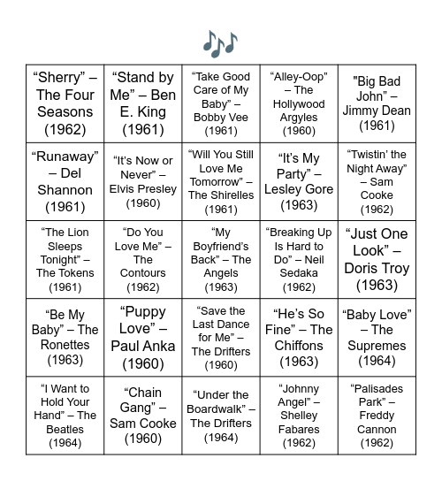 EARLY 1960'S HITS Bingo Card