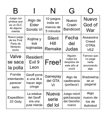 The Game Awards 2025 Bingo Card