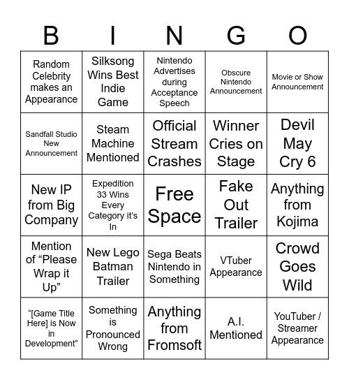 2025 Game Awards Bingo Card