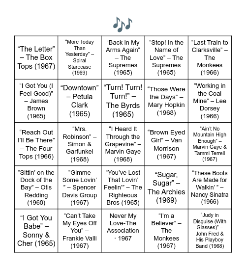 MID-LATE 1960'S HITS Bingo Card