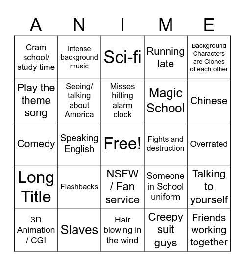 Anime Bingo Card