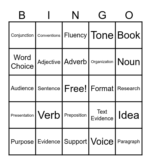 Writing Elements Bingo Card