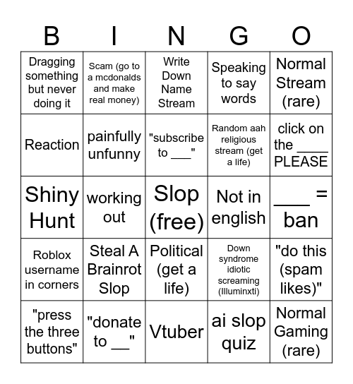 Shorts Streams Bingo Card