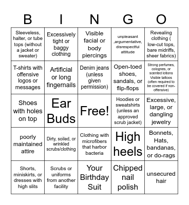 What NOT to wear to work! Bingo Card