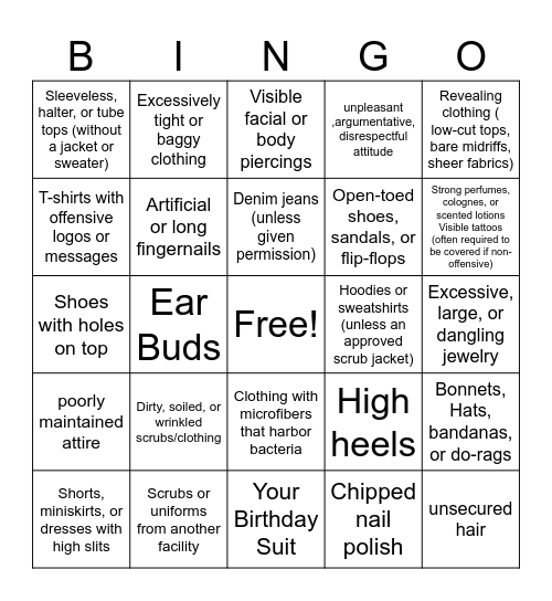 What NOT to wear to work! Bingo Card