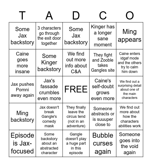 TADC Ep. 7 Bingo <3 Bingo Card