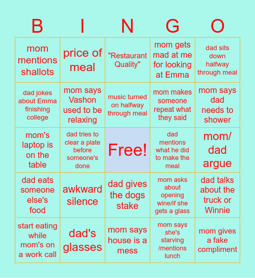 Dinner Bingo Card