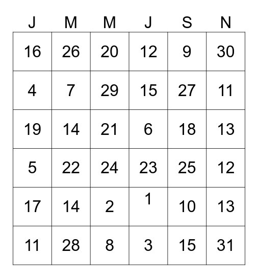 Dates of the Year Bingo Card