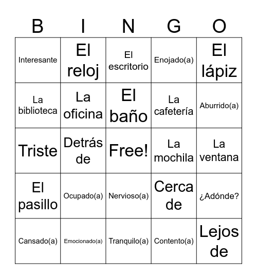Avancemos Level 1 - Unidad 2, Lección 2 Bingo Card