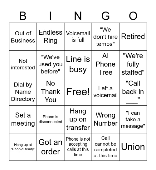 Cold Calling Bingo Card
