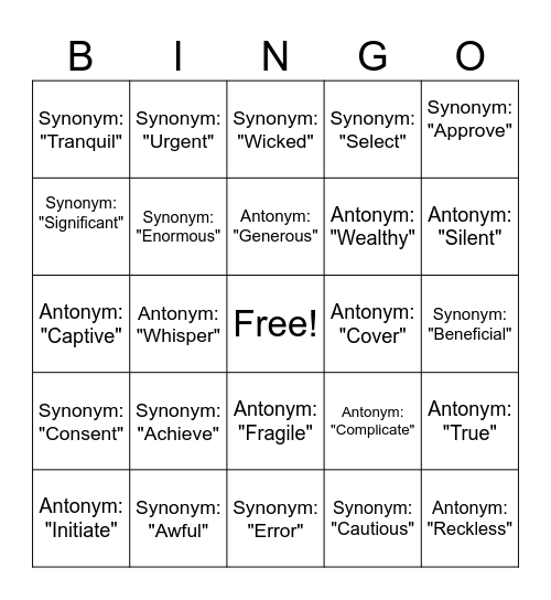 Synonyms/Antonyms/Plurals SLP Bingo Card