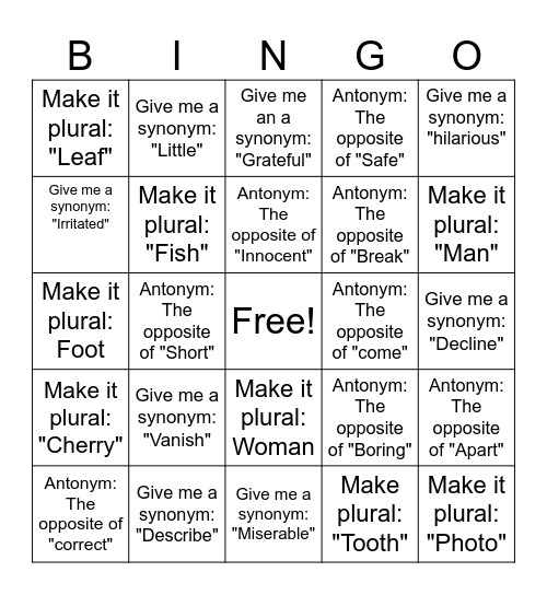 Synonyms/Antonyms/Plurals Bingo Card