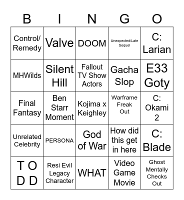 Game Awards 2025 Bingo Card