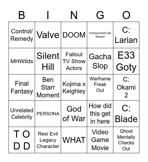 Game Awards 2025 Bingo Card