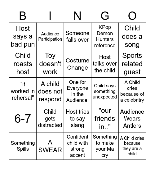 Late Late Toy Show Bingo 2025 Bingo Card