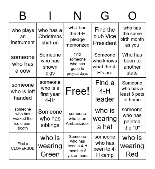 4-H HUMAN BINGO Card