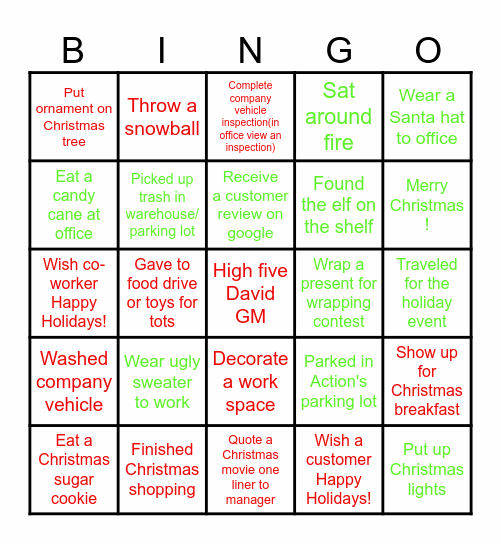 Action Christmas Bingo Card