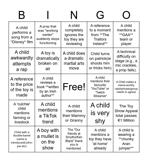 Late Late Toy Show Bingo Card