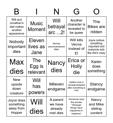 Stranger Bingo Card