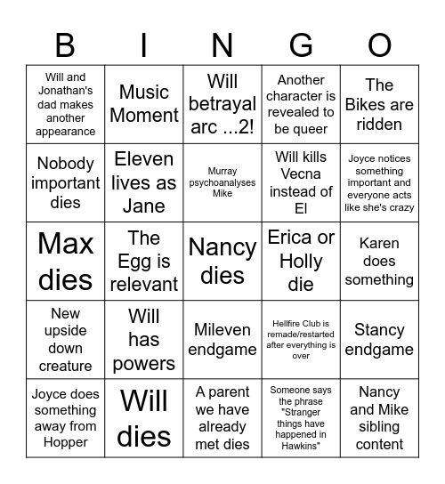 Stranger Bingo Card