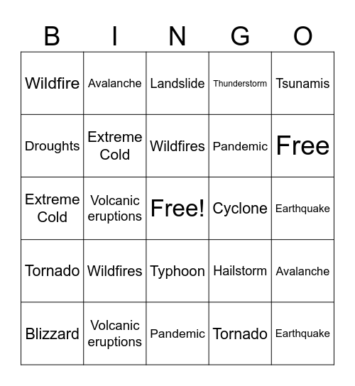 Natural Disasters Bingo Card