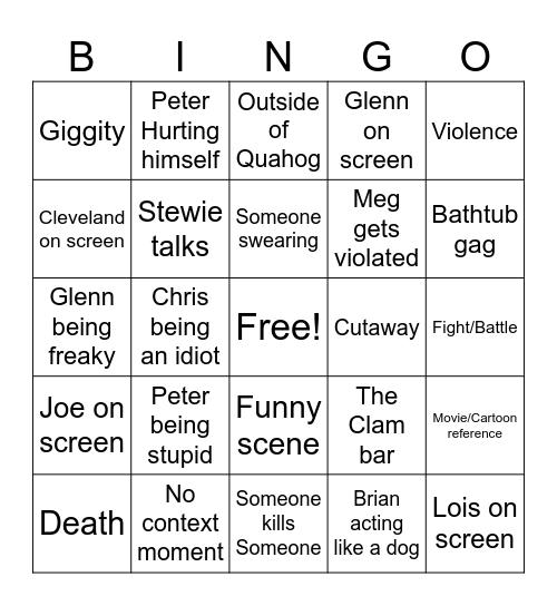 Family Guy Bingo Card