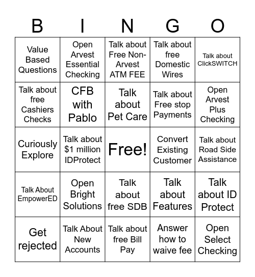 New Accounts Bingo Card
