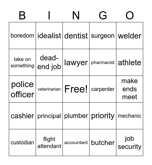 Speaking 5-7 Jobs vocabulary Bingo Card