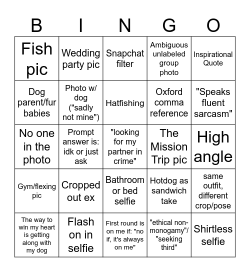 Hinge Photos Bingo Card