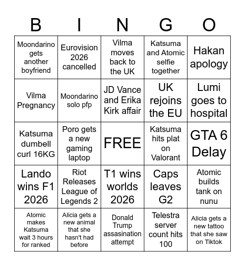 Katsuma 2026 Bingo Card Bingo Card
