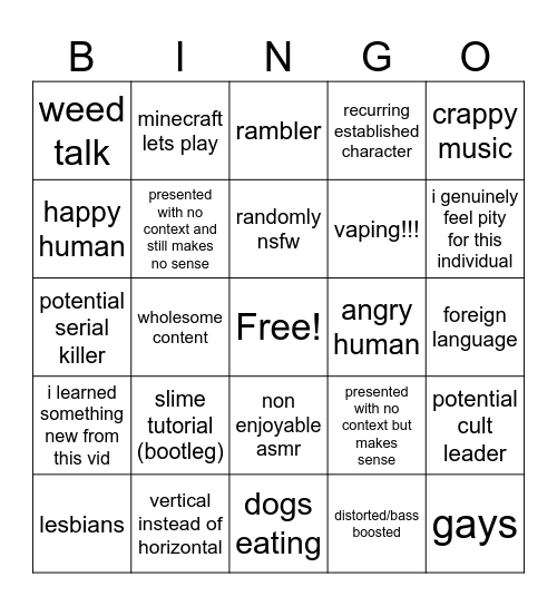 obscure video bingo Card