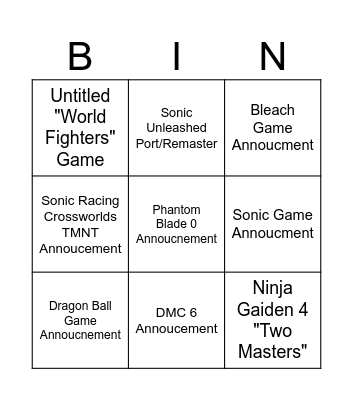 Game Awards bingo Card