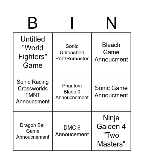 Game Awards bingo Card
