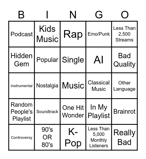 Spotify Discovery Bingo Card