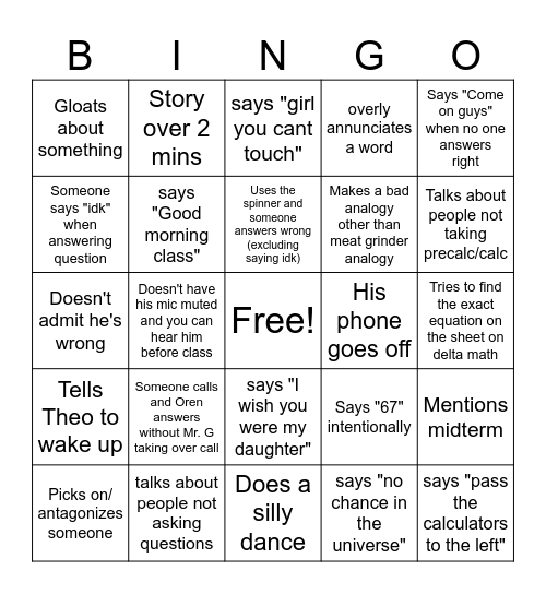 Mr.G's Bingo Card