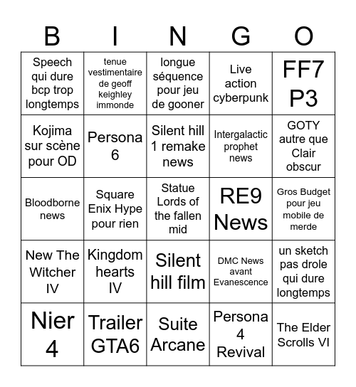 Game award bingo Card