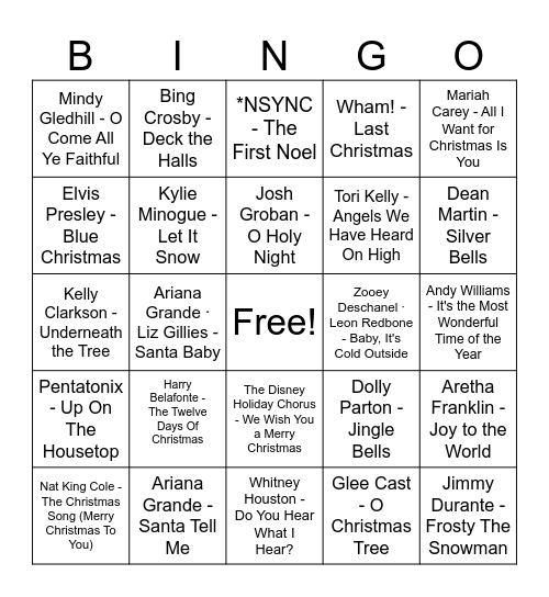 RCSU Holiday Party Music Bingo Card