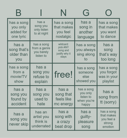 playlist bingo! Bingo Card