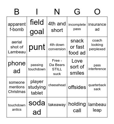 Packers versus Bears Bingo Card