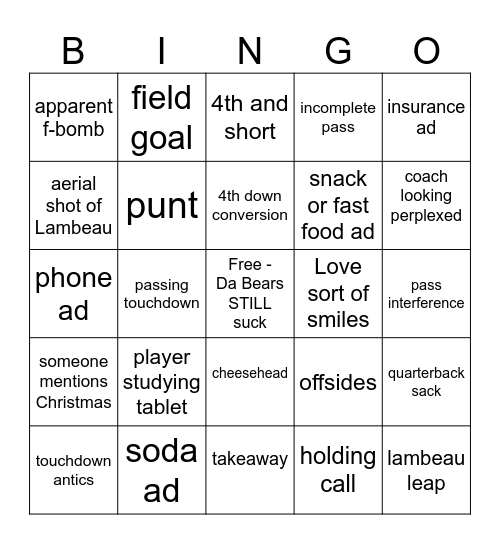 Packers versus Bears Bingo Card