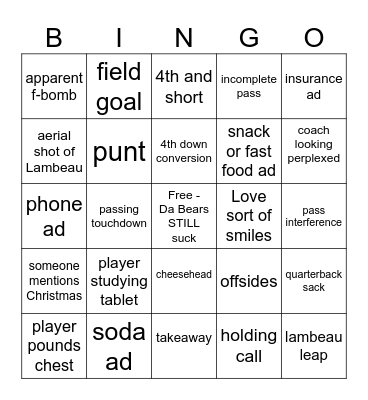 Packers versus Bears Bingo Card