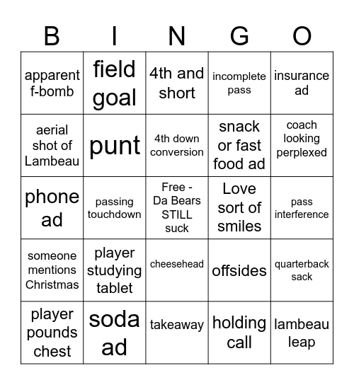 Packers versus Bears Bingo Card