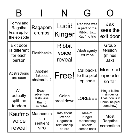 TADC Episode 7 Bingo Card