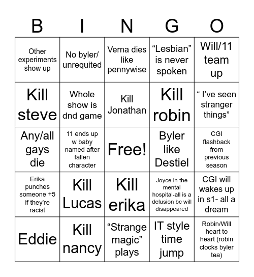 Stranger Things Bingo Card