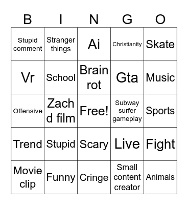 Shorts bingo Card