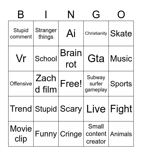 Shorts bingo Card
