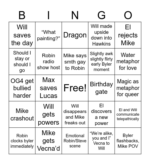 Stranger Things Bingo Card