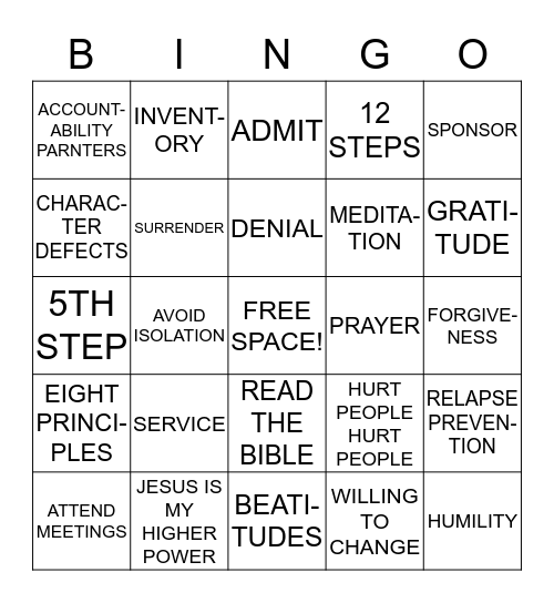 RECOVERY BINGO Card