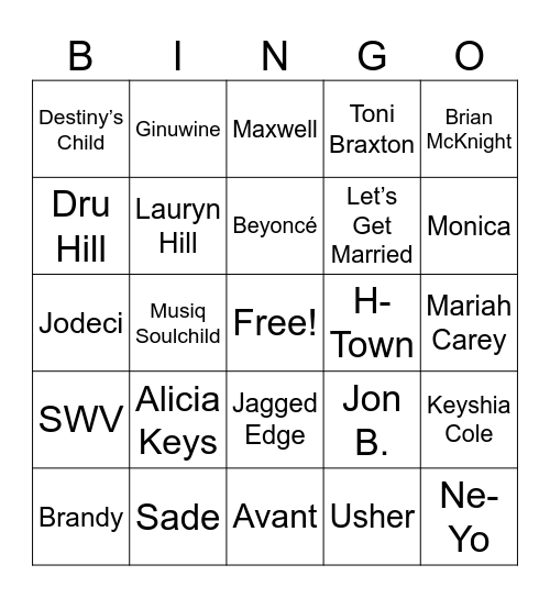 90’s & 2000’s R&B Love Songs Bingo Card